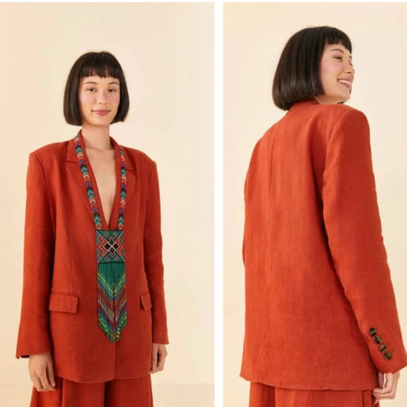 NWOT Farm Rio 100% Linen Burnt Orange Lightweight Oversized Blazer M - Picture 1 of 8